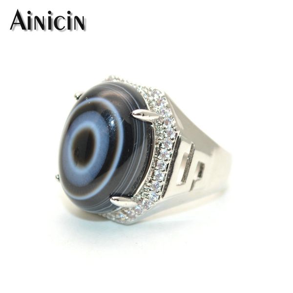 

natural eyes black dzi agate adjustable ring rhinestone crystal setting silver color jewelry for men and women birthday gift, Golden;silver