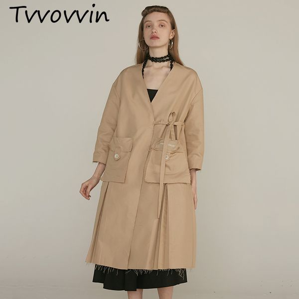 

tvvovvin 2019new весна лето v-образный вырез с длинным рукавом карманой срощенной бинты темперамент ветровка женщина trench мода tide c773, Tan;black