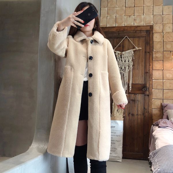 

ewq] 2019 autumn new real fur full sleeve thick warm fashion trend fur one wool coat korean winter woolen coat 6 color ql49603, Black
