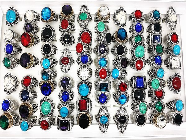 

mixmax 50pcs silver stone rings vintage colorful mix styles women's men's antique alloy metal jewelry wholesale lots bulk