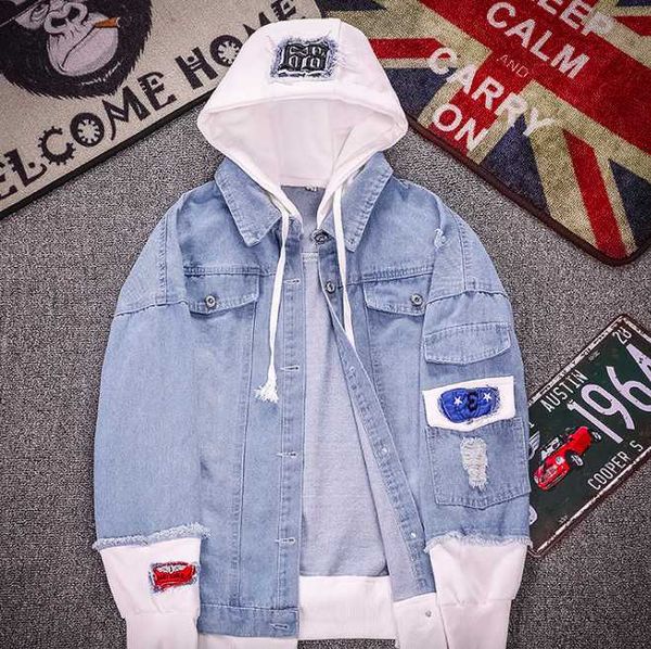 

teenager boy street fashion pocket with hat casual cool patchwork new fashion men hooded denim jacket cowboy tracksuits man, Black;brown