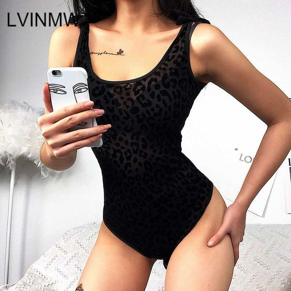 

lvinmw black leopard mesh see through bodycon bodysuits 2020 summer women sleeveless o neck bow slim party streetwear body, Black;white