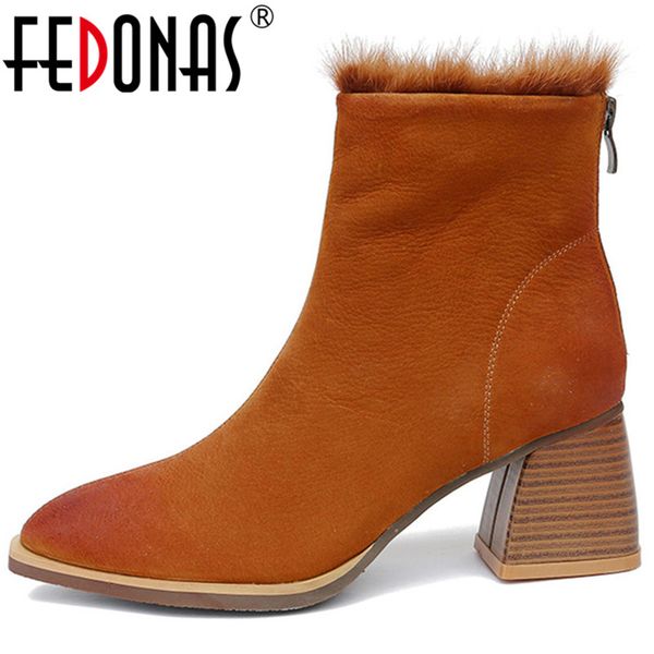 

fedonas fashion brand women cow suede ankle boots thick high heels warm winter snow boots ladies short basic motorcycle, Black