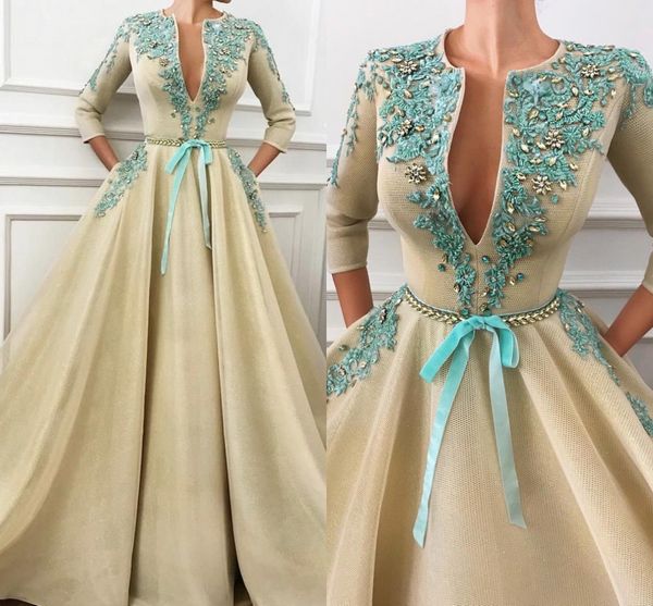 

Ivory A-line Evening Dresses Sexy V Neck Evening Formal Wear Long Sleeve Beaded Party Gowns Prom Dress Abendkleider Robe De Soiree