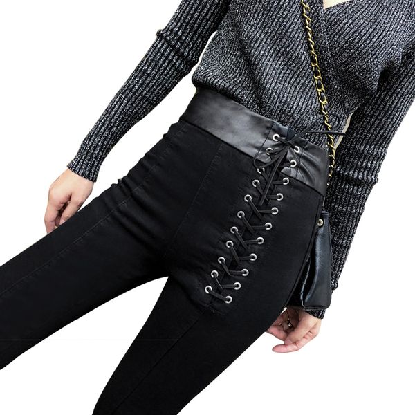 

jeans women lace-up high waist ankle-length pants 2019 new korean style black slim pencil jeans for female, Blue