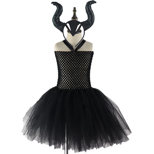 

3 pcs maleficent evil queen tutu with horns feather halloween witch costume for girls kids party dress clothing xx0 y200317, Red;yellow