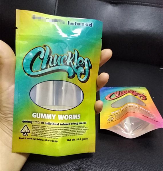 

2019 new arrival chuckles mylar bag smell proof dry herb flower packaging pouch zip lock stand up peach rings gummy worms mini rainbow belts