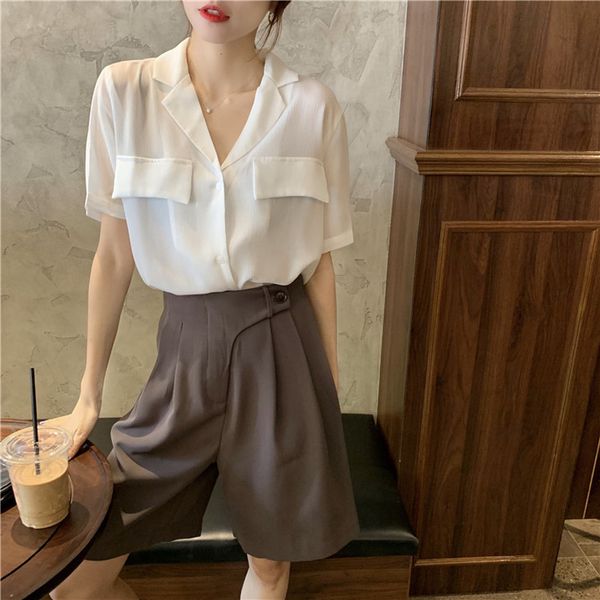 

women summer chiffon shirts fashion elegant small notched short sleeve solid color thin loose blouses office ladies chic, White