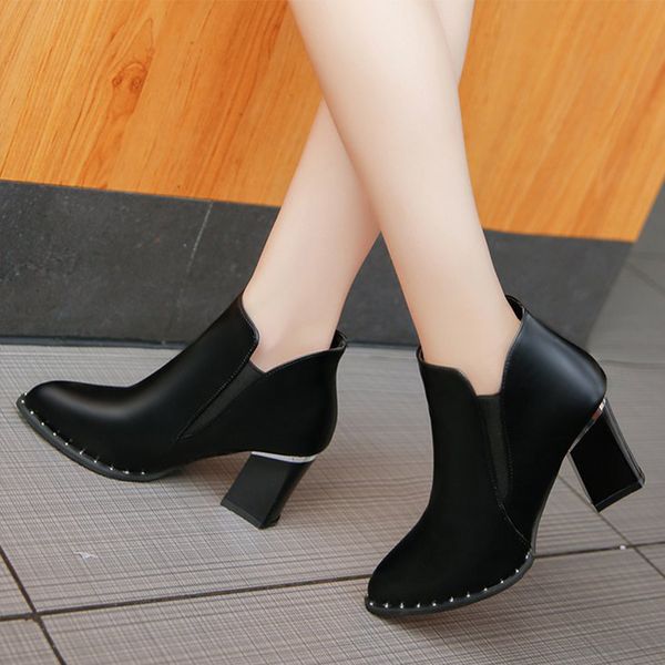 

women ankle boots elastic band ladies pointed toe slip on chunky high heels botas female fashion shoes 2019 autumn, Black