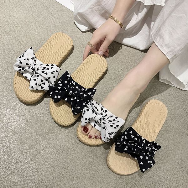 

female shoes slippers casual low butterfly-knot lady summer woman slides 2020 girl flat beach cotton fabric rome, Black