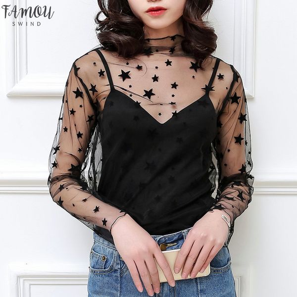 

harajuku mesh women summer see through t shirt hollow out transparent tee shirt femme star polka dot top, White