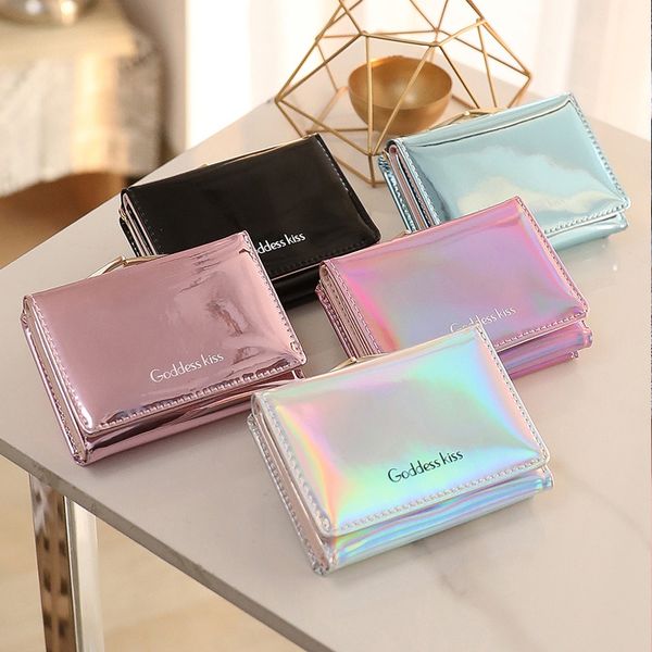 

new women laser holographic wallets women folding wallet card holder short cute coin purse small wallet, Red;black