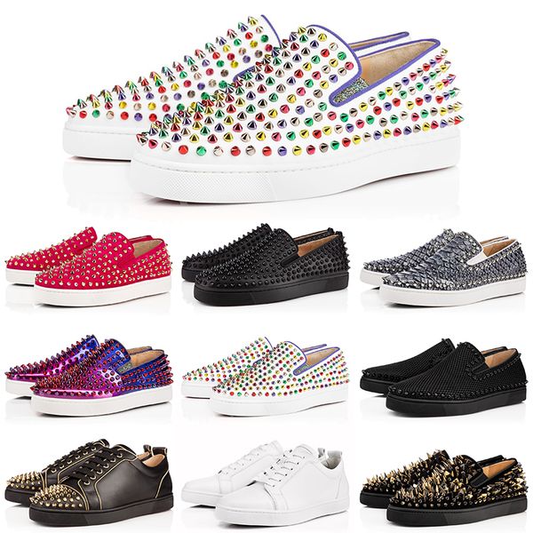 

fashion luxury party lovers genuine leather red bottoms sequin low help rivet shoes designer casual flat shoes for mens women size 35-47, Black