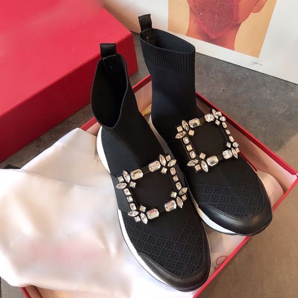 

winter women ankle boots stretch fabric platform casual solid slip on ladies shoes woman crystal botas mujer, Black