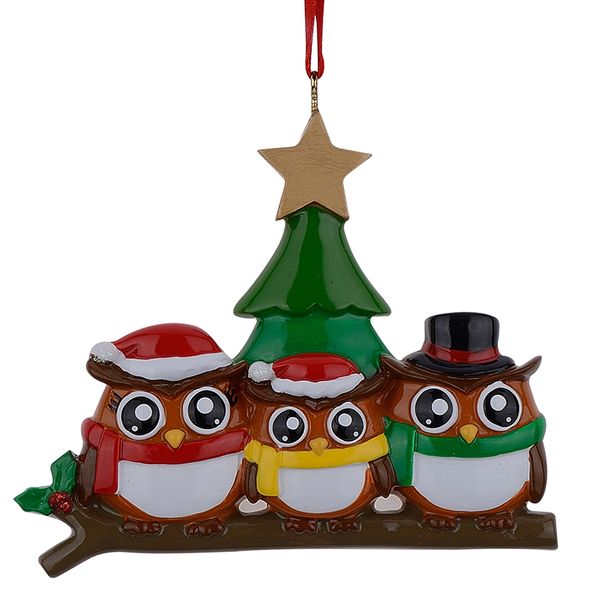 

owl family of 3 polyresin glossy personalized christmas ornaments pendant with green tree golden star for decorative crafts