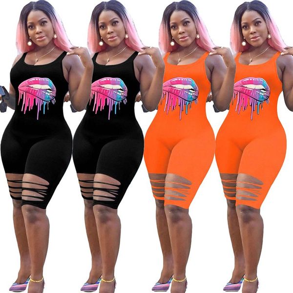 

zkyzwx lips print plus size hole bodycon playsuit summer body clothes one piece club outfit rompers women jumpsuit shorts, Black;white
