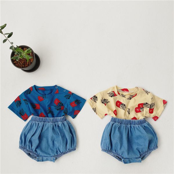 

2020 new stylish baby girls boys 2 pcs set printed t-shirt+denim shorts summer kids girls suits 0-3t, White