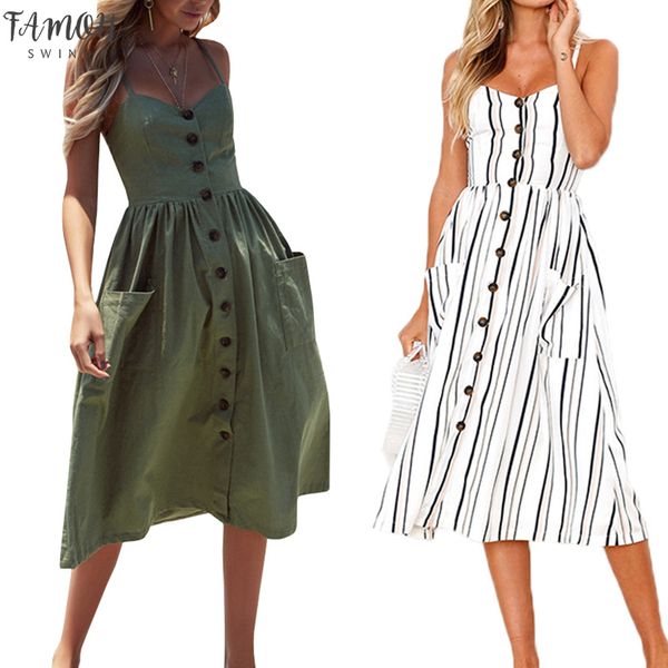 

casual vintage sundress women summer dress 2020 boho dress midi button backless polka dot striped floral beach dress female, Black;gray