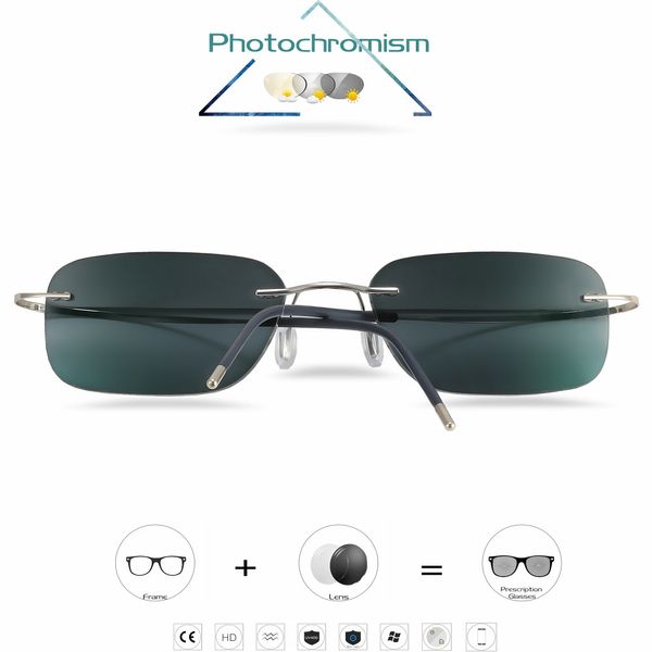 Atacado-titânio Óculos sem aro miopia Óculos fotossensíveis Homens Womon lente com dioptrias -1,0 1,5 2,0 2,5 3,0