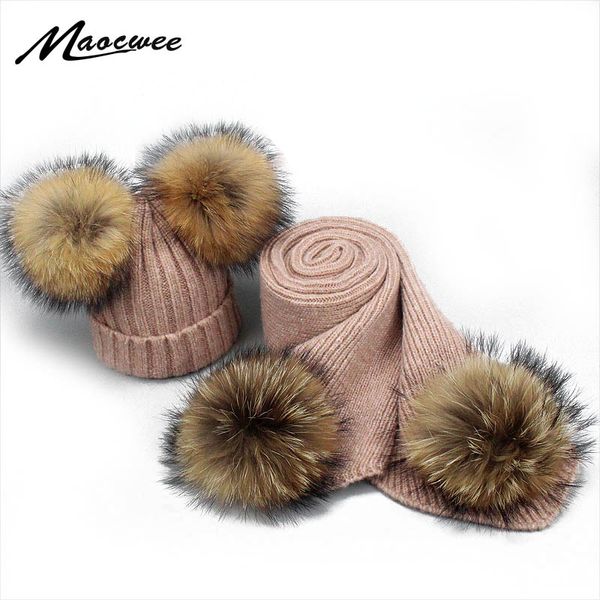 

real raccoon fur pompom wool hat scarf set for baby women winter knitted hat with real fur pom children female thick warm beanie, Blue;gray