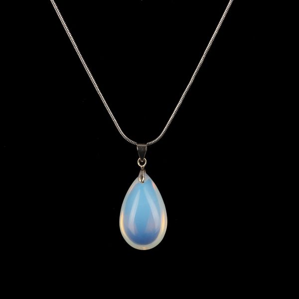 

natural stone opal water drop pendant women necklaces hexagon pendulum sliver snake chain healing chakra reiki fashion jewelry, Silver