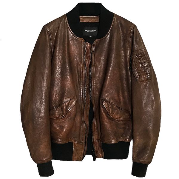 

2020 men's vintage ma1 flight jacket pakistan sheepskin bomber leather jacket men do old genuine leather coat male, Black