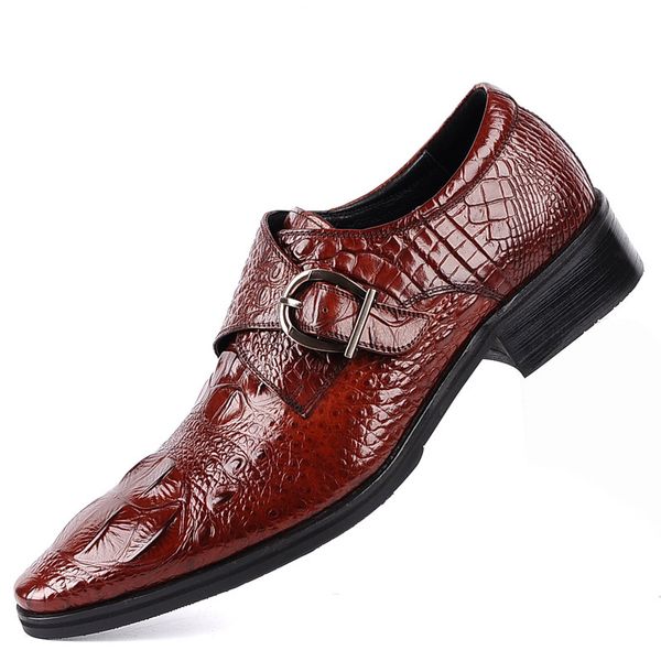 

fashion men's crocodile grain leather dress shoes man casual pointed toe oxfords mens lace-up business office oxford shoes, Black