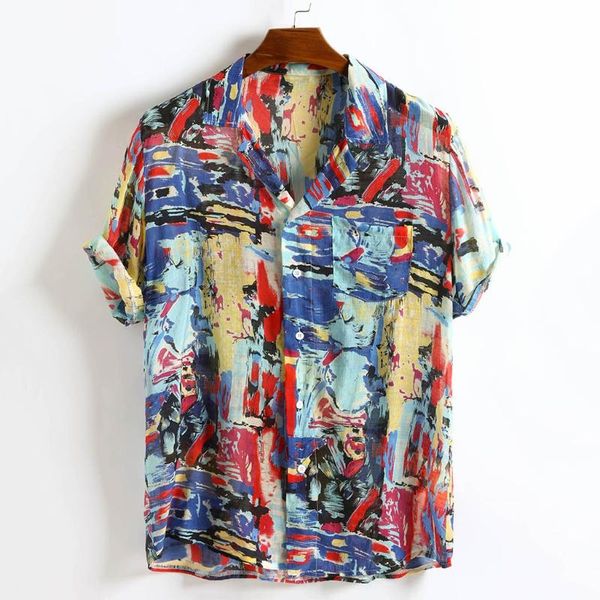 

мужская рубашка 2020 новая дышащая рубашка красочный цветочный принт свободный отложной воротник с коротким рукавом летний пляжный топ #45, White;black