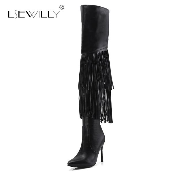 

lsewilly ladies boots autumn tassel shoes over the knee boots fringe black brown thin high heel long female e78