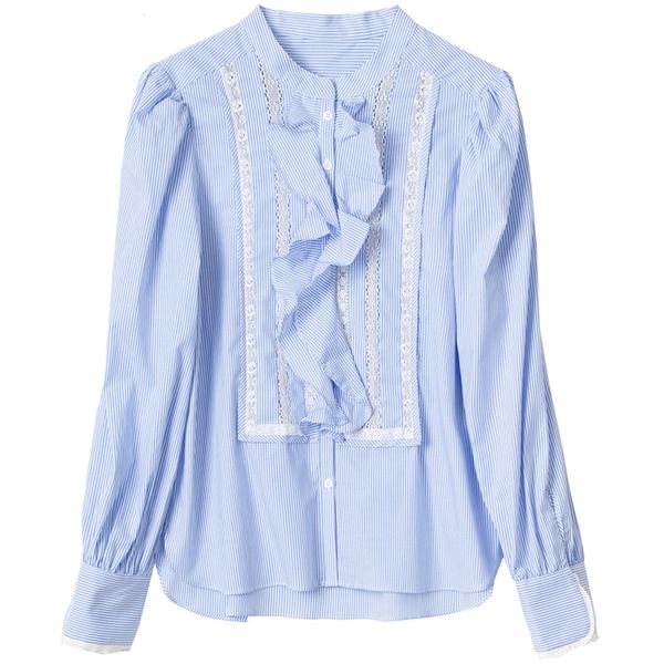 

blue white pinstripes shirt mandarin collar lace insert front ruffled detail long sleeves buttoned cuffs