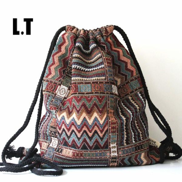 

2017 women vintage backpack female gypsy bohemian boho chic aztec folk tribal ethnic fabric brown string drawstring backpack bag