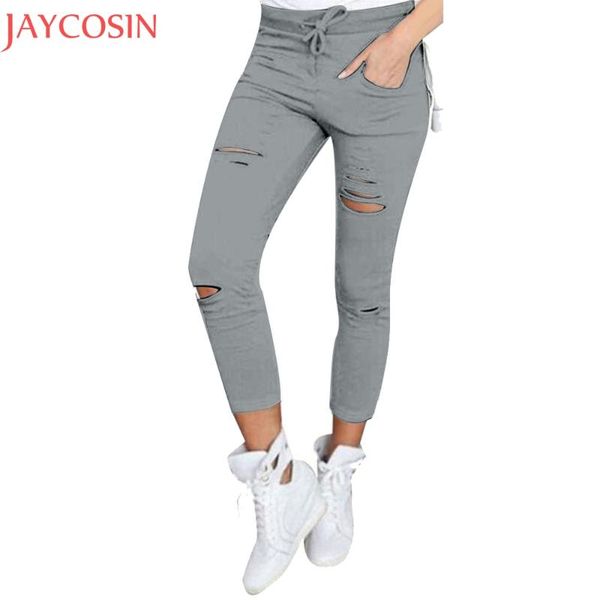 

autumn women fashion imitate denim slim hole pants lady casual fit skinny leggings stretchy bodycon pants trousers pantalon dec7, Black