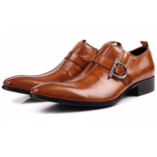 

large size eur45 brown / black pointed toe loafers men dress shoes genuine leather business shoes male wedding groom