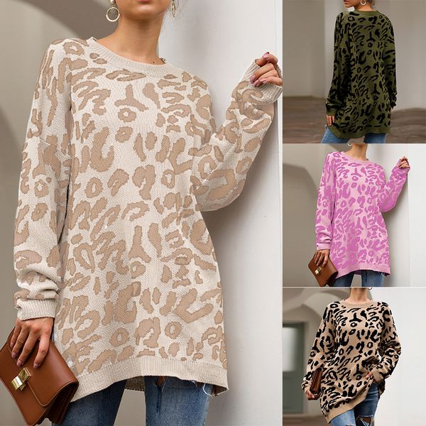 

heflashor 2019 women's casual loose round neck leopard print long sleeve pullover sweater knitwear, White;black