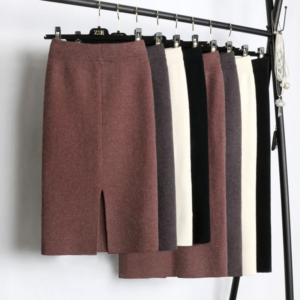 

winter thickening wool blend split mid knitted skirt cashmere warm hip slim mid-calf knit skirts 2 length 4 colors, Black