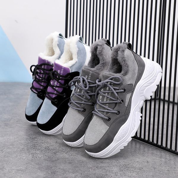 

loozykit women winter shoes plush warm fur boots sneakers platform vulcanized lace up casual shoes for winter female sneakers, Black