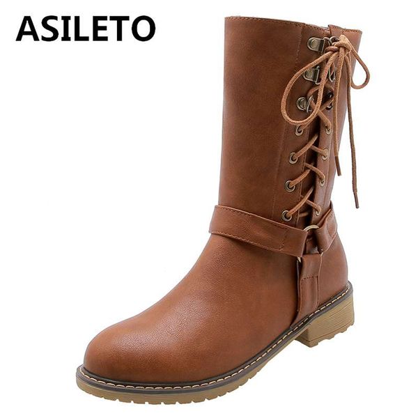 

asileto size 34-43 western anke boots for women low heels lace up buckle cowboy booties motorcycle botas chaussures botas botte, Black