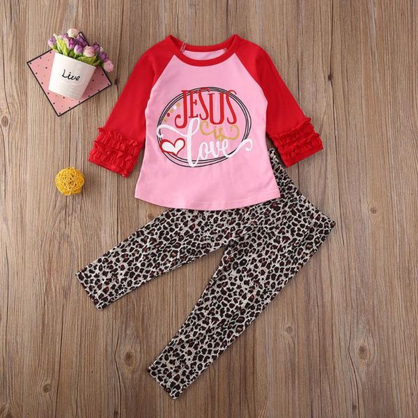 

toddler kids baby girls valentine's day letter leopard pants clothes set long sleeve autumn baby girl clothes kids, White