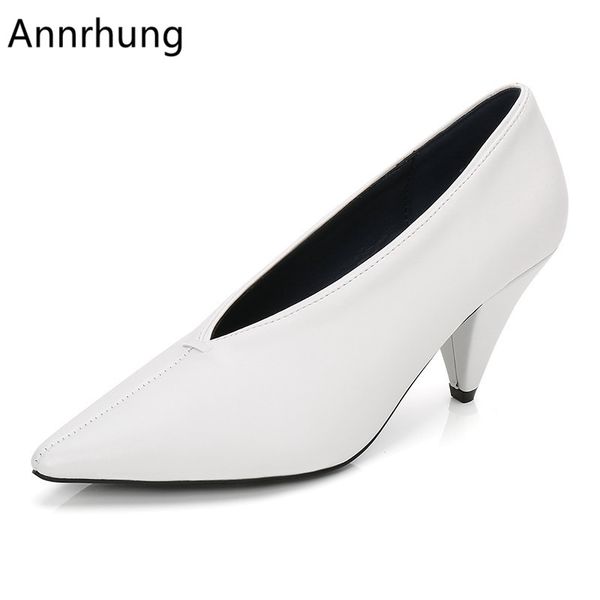 

concise genuine leather working shoes women pointed toe spike high heel mules v-cut out casual pumps for women, Black;white