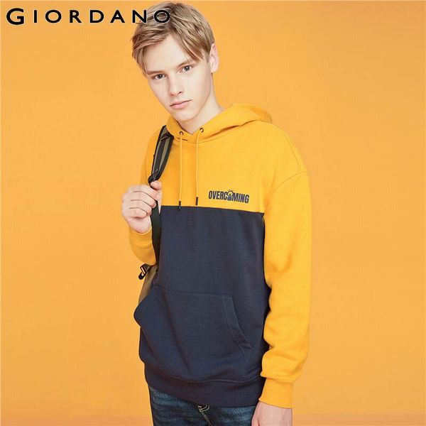 

giordano men hoodies thick long sleeve hooded sweatshirt contrast printed letter poleron hombre pocket moleton 01029879, Black