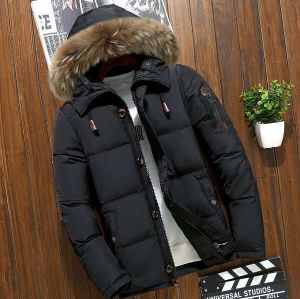 

mens down jacket winter men short fur hood four color available duck down thick fur collar men outdoor winter warm coat  tide #km2, Black