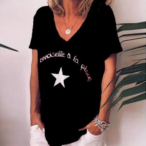 

2019 new female blouse women short sleeve shirts fashion leisure cotton loose v-neck print letters stars casual ladies shirt l*5, White