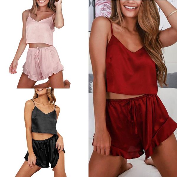 

satin silk camis-lingerie sleepwear women adjustable sling vest pants set babydoll lace up nightwear pajamas set solid hot, Blue;gray