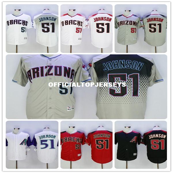 

men's #51 randy johnson white home alternate flexbase stitched retro jerseys gray white red black green size:m-xxxl, Black;blue