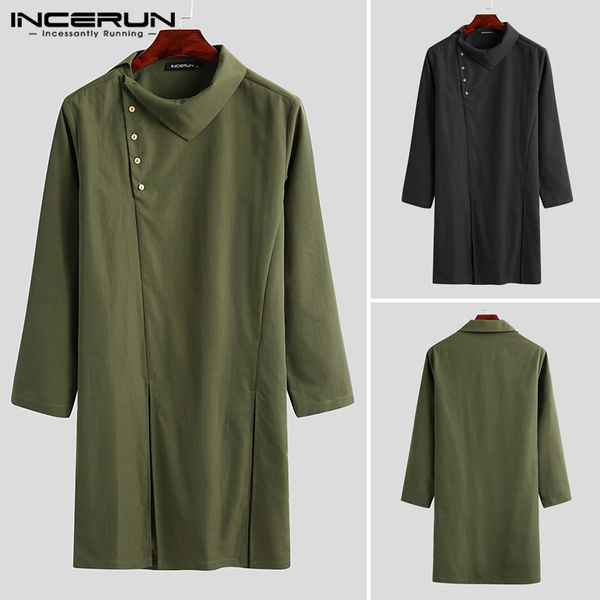 

men long style shirts clothes solid color long sleeve 2020 vintage kurtas casual split hem muslim robe incerun s-5xl, White;black