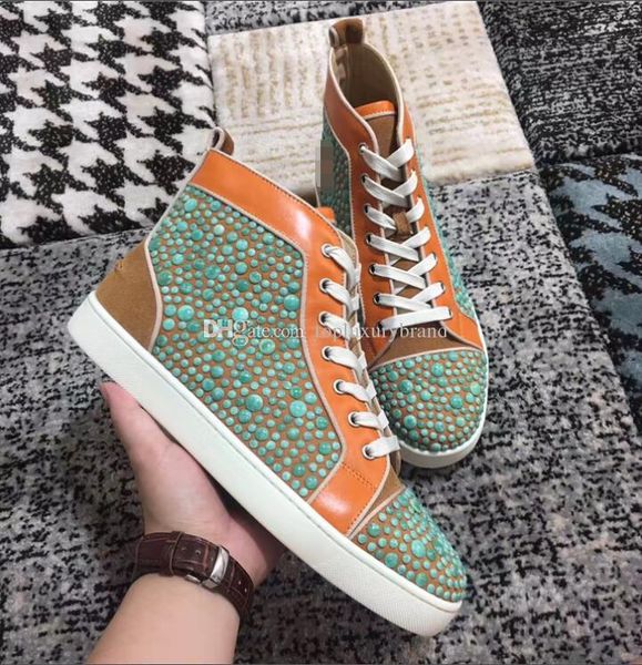 

fashion trainers red bottom genuine leather +magnolia beads spiked shoes sneakers high skateboarding sports casual flat spikes super man, Black