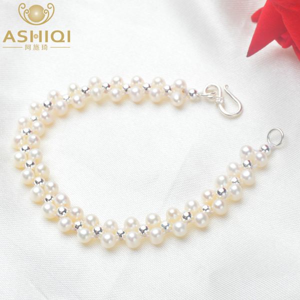 

ashiqi hand knitted mini 4-5mm natural freshwater pearl bracelets with 925 sterling silver bead for women gift, Golden;silver