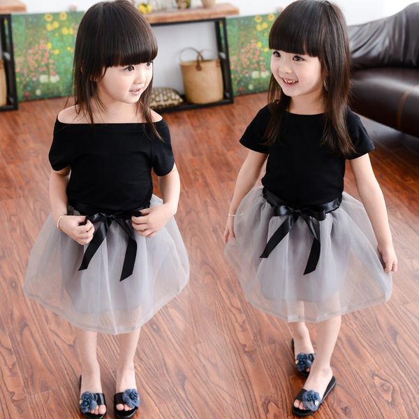 

retail girls skirt suit baby girl 2 pcs off shoulder black t-shirt + bowknot mesh skirt set children boutique clothing kids clothes, White
