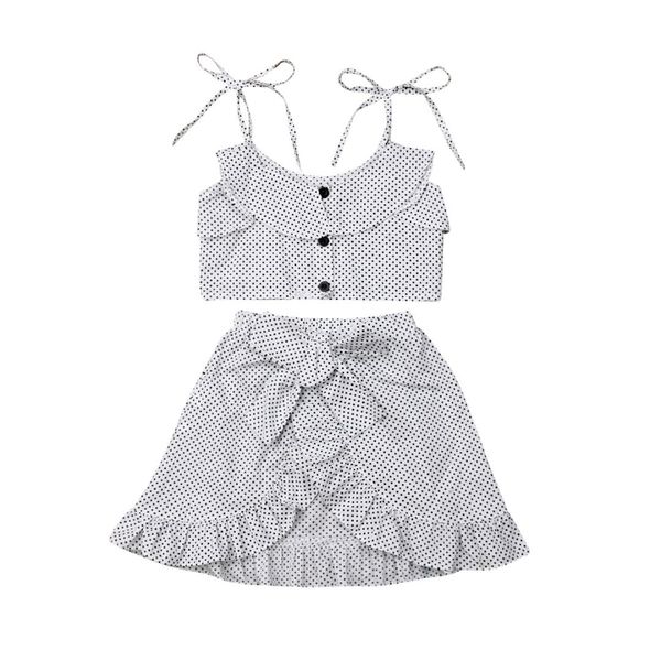 

0-7y toddler baby kids girl summer clothes sets sleeveless dot print ruffle bow skirts 2pcs outfits, White