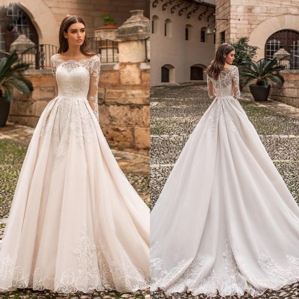 

naviblue 2019 long sleeve wedding dresses off shoulder appliqued lace bridal gowns abiti da sposa beach princess wedding dress, White